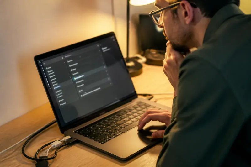 User checking the battery life display of an RTX Spark laptop during use.