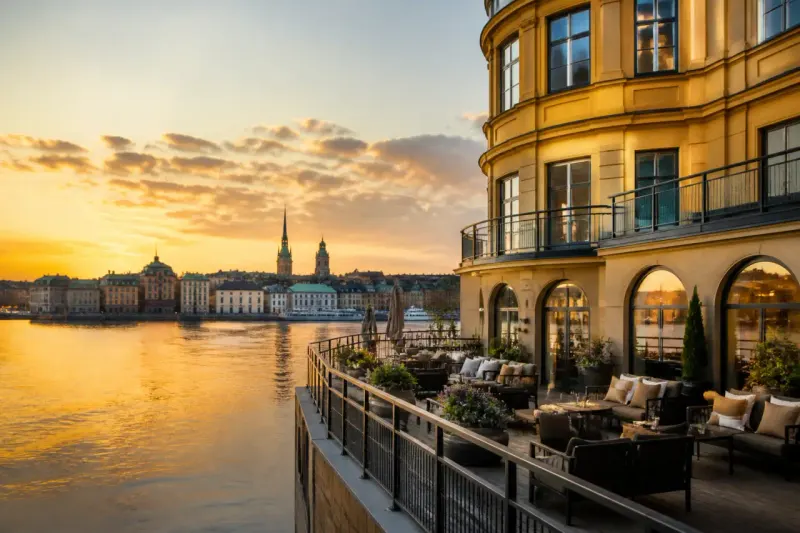 View of Stockholm waterfront with a stylish hotel