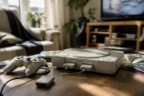An old PlayStation console with accessories on a wooden table