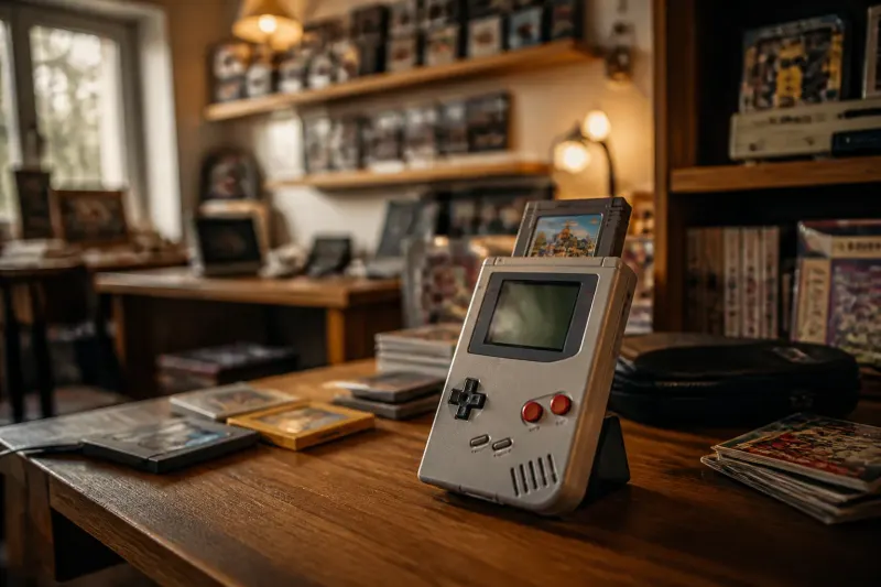 A Game Boy console displaying a pixelated museum experience on screen.