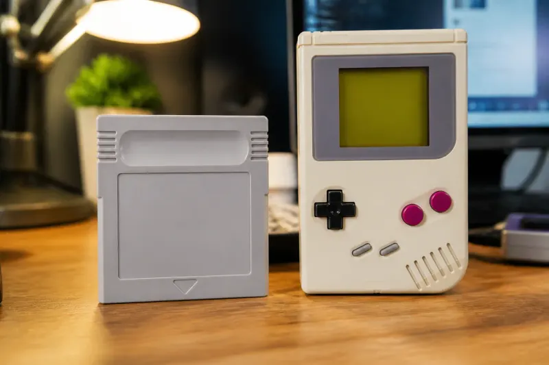 Mock-up of the new GB Test Lab cartridge next to a Game Boy.