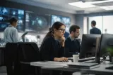 A cybersecurity team reviewing recent breach alerts on monitors.