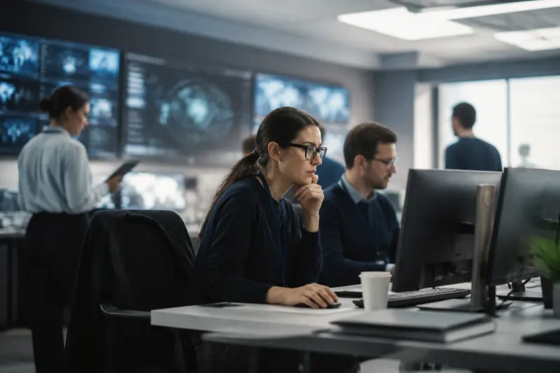 A cybersecurity team reviewing recent breach alerts on monitors.