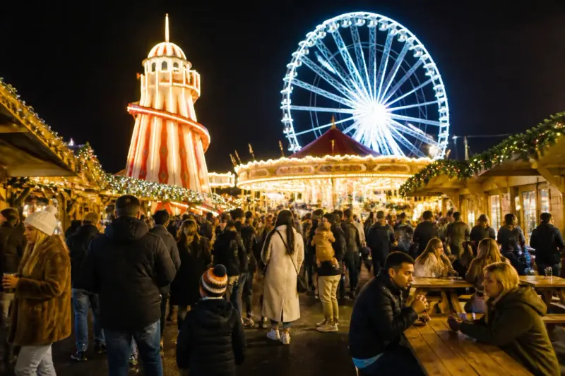 A festive scene in Hyde Park with Winter Wonderland rides