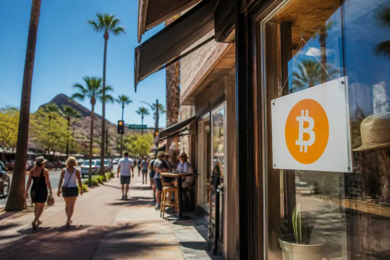 A vibrant Arizona street scene with shops displaying Bitcoin acceptance signs.