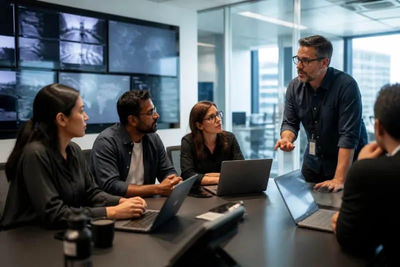 A cybersecurity team engages in strategic discussions about rogue AI response protocols.