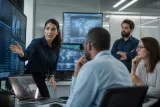 A cybersecurity team discussing vulnerabilities and patch management.