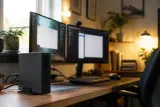 A repurposed thin client set up with a Linux interface and various lightweight applications.