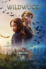 Wildwood 2026 movie poster featuring a girl and boy standing before a vast, misty forest with crows circling above, rendered in rich animated style