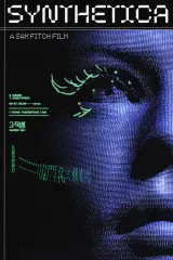Poster for SYNTHETICA (2026) showing a stylized neural implant over a muted cityscape