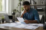 An individual sitting at a desk surrounded by job applications and a laptop, contemplating their job search.