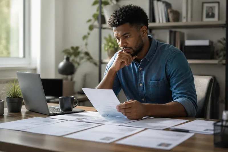 An individual sitting at a desk surrounded by job applications and a laptop, contemplating their job search.