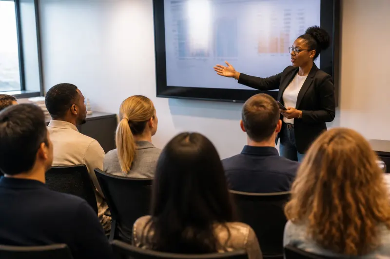 A researcher presenting findings about bias in AI recruitment tools.