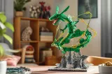 A complete view of the LEGO Rayquaza set displayed prominently with its intricate base in a bright setting.