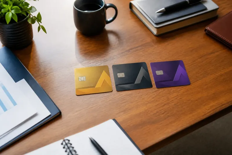 Display of various Delta business credit cards arranged artistically
