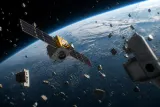 A satellite in orbit around Earth amidst a field of space debris.