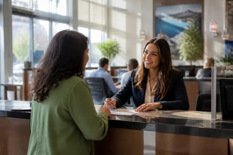A bank teller assisting a customer in a brightly lit bank branch.