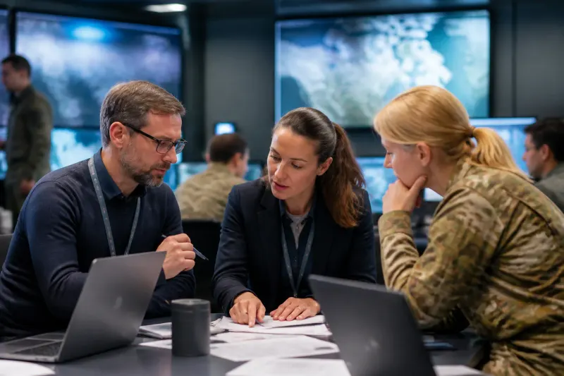 Cybersecurity analysts discussing potential breaches at NATO-related facilities