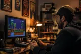 A nostalgic gamer reliving classic video games on a modern gaming setup.