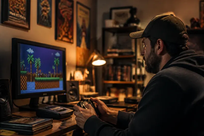 A nostalgic gamer reliving classic video games on a modern gaming setup.