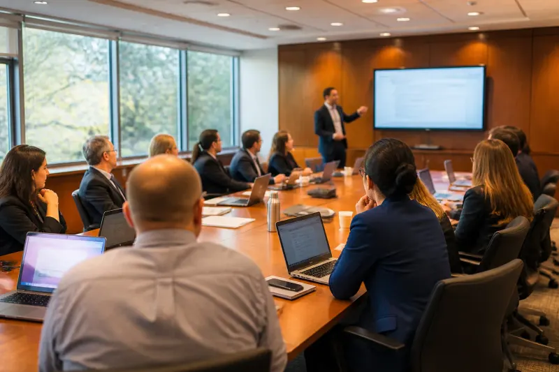 A government building with officials discussing cyber security measures due to PHP vulnerabilities.