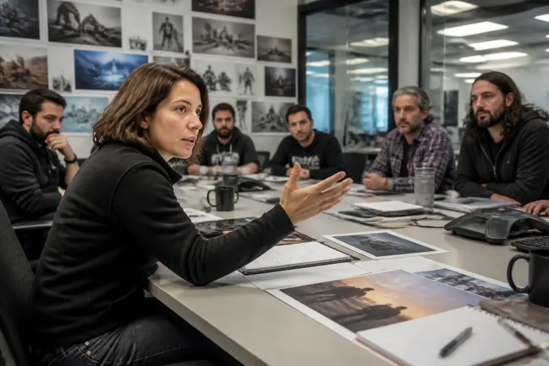 A chaotic meeting room with game developers discussing project designs for Mass Effect 5.