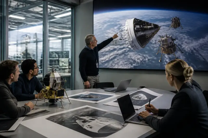 NASA's Artemis III mission concept showing Orion and lunar lander in low Earth orbit.