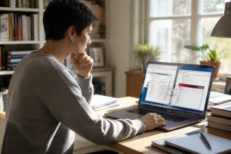 A person sitting at a desk using a laptop with multiple browsers open.