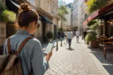 A person using Google Maps on a smartphone while exploring a city.