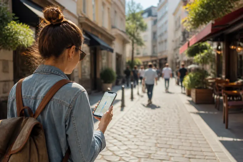 A person using Google Maps on a smartphone while exploring a city.