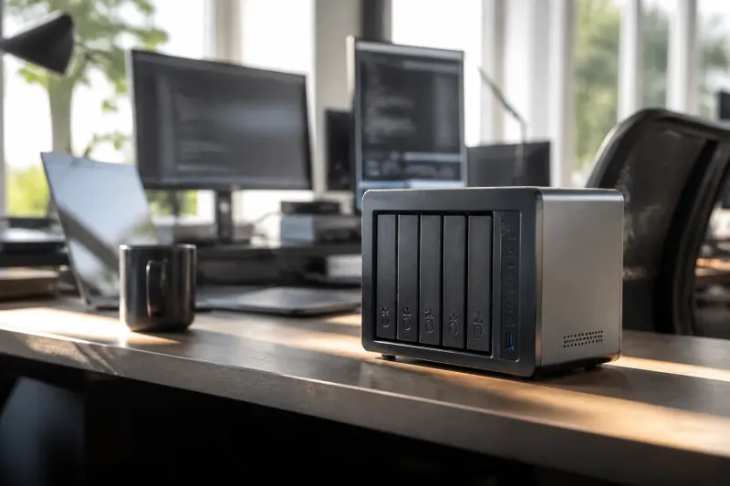 Beelink ME Pro Creator Edition NAS unit on a desk showcasing its sleek design and connectivity ports.
