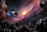 A sci-fi landscape with a starship cruising through a vibrant cosmos