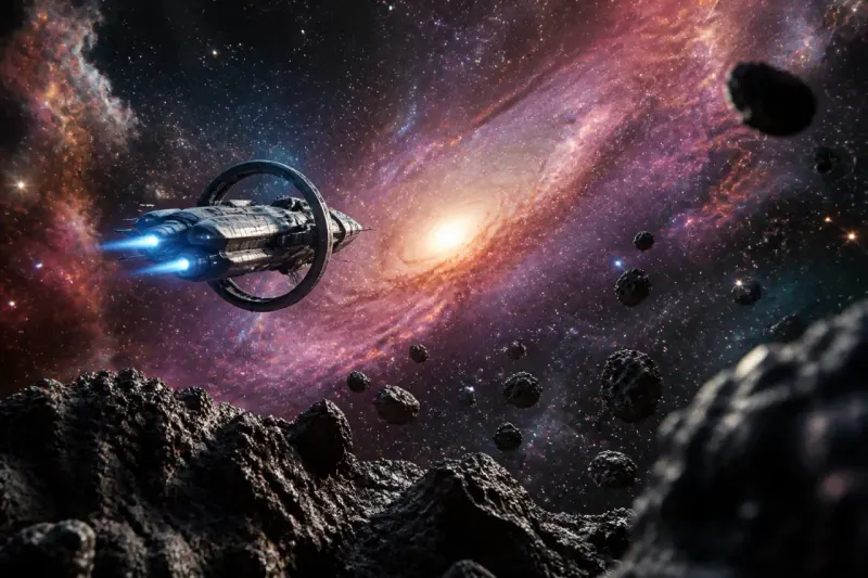 A sci-fi landscape with a starship cruising through a vibrant cosmos