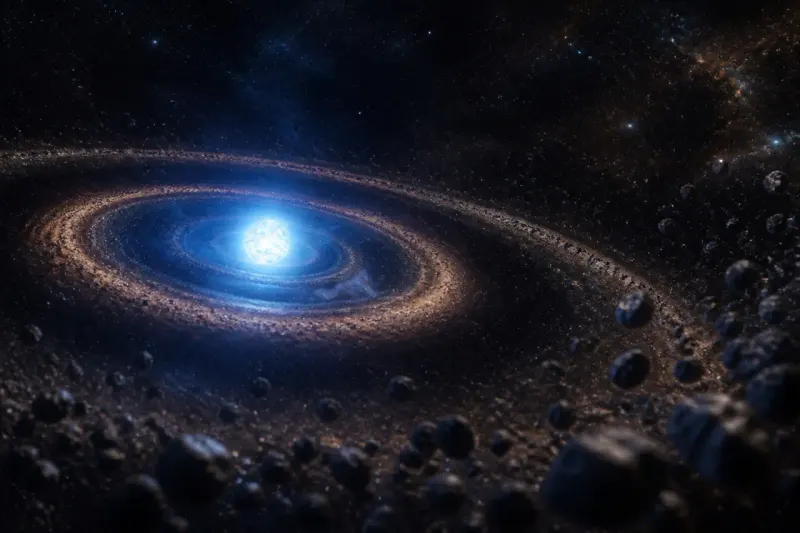 Artist's rendering of the white dwarf J1328−1450 with a complex debris disk