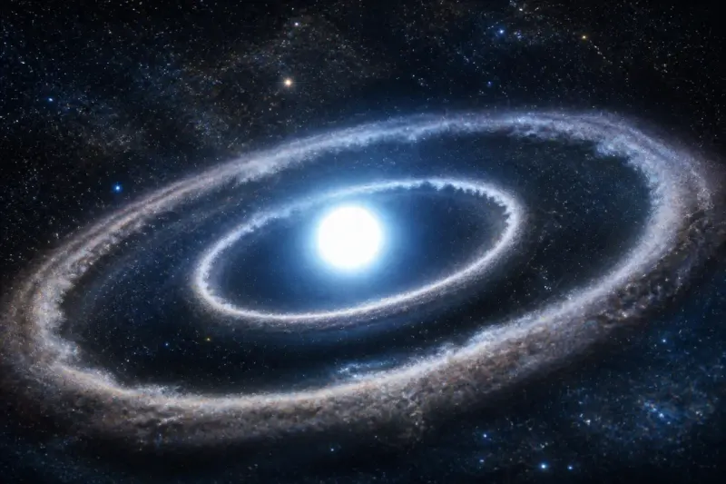 Artist's rendering of the white dwarf J1328−1450 with a complex debris disk