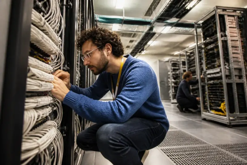 A technician checks network cables in a data center, highlighting infrastructure vulnerability.