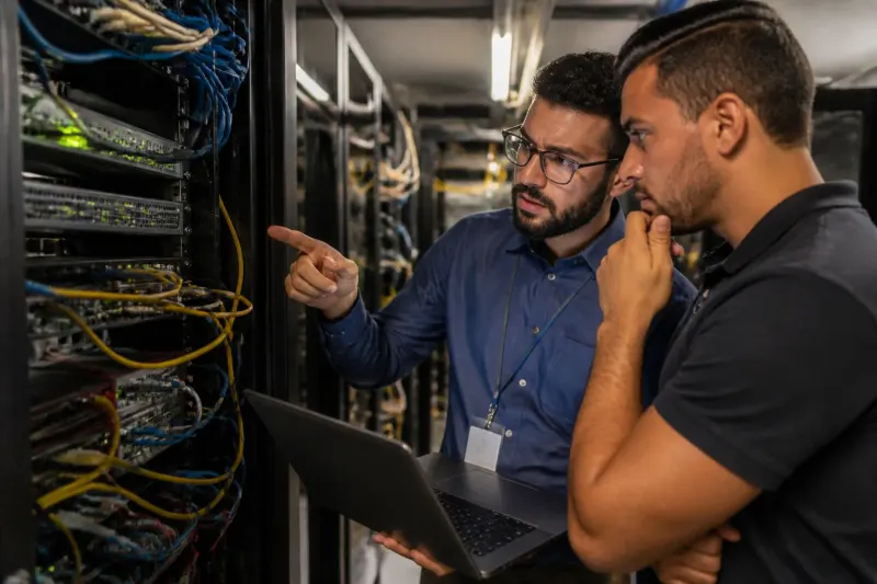 A server room where PHP vulnerabilities in network devices are critically discussed