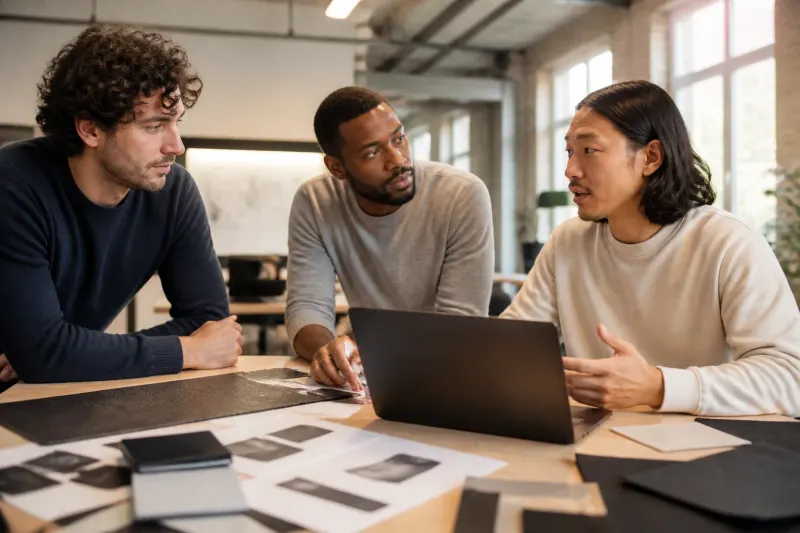 A group of engineers collaborating around a BlueChip laptop prototype on a workshop table.