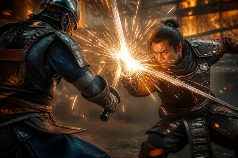 An action shot demonstrating a successful counter in Phantom Blade Zero.