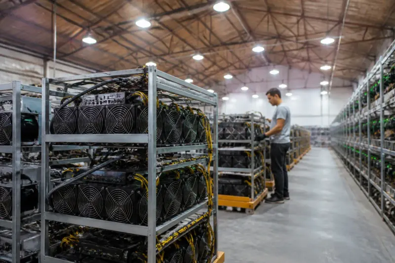 A view of a cryptocurrency mining facility with machines processing Bitcoin.