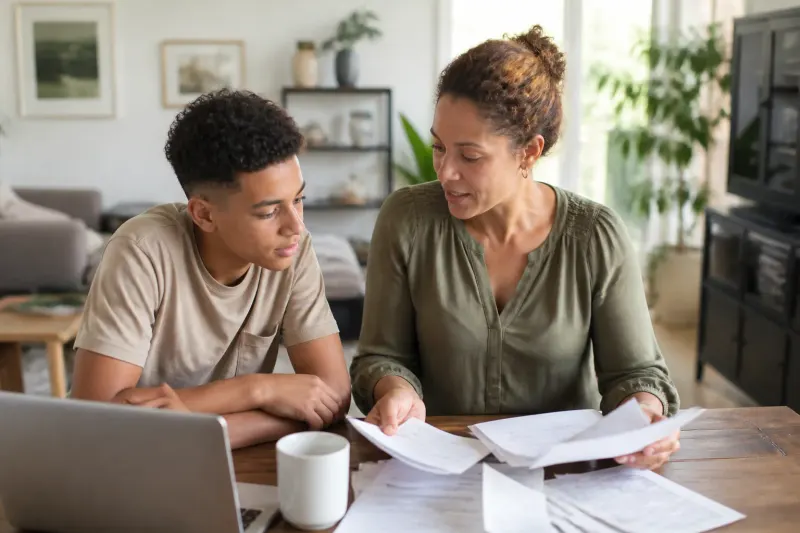 A woman discussing financial relief with her son in their living room