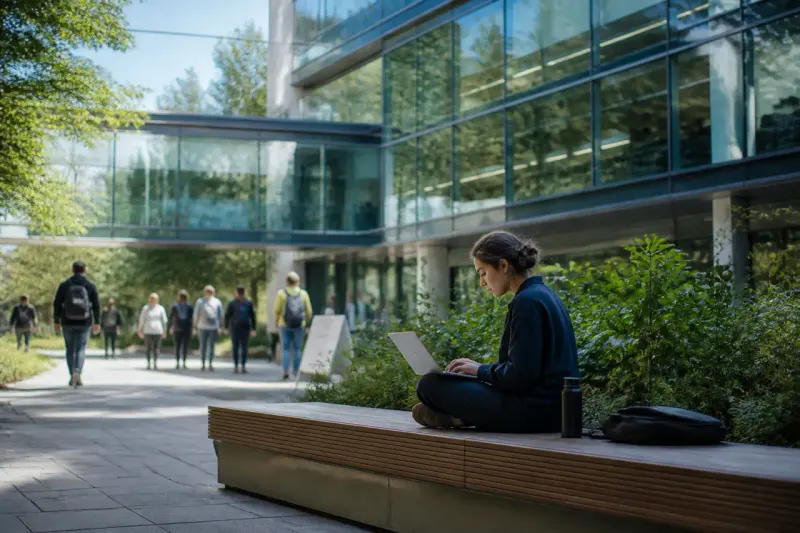 Microsoft headquarters with employees visible through large windows