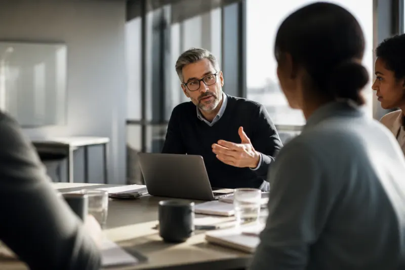 A security leader in a modern office, discussing risk and resilience.