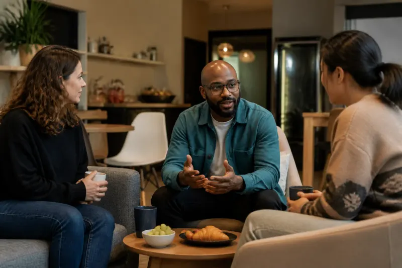 A group of colleagues exchanging thoughts on workplace openness.