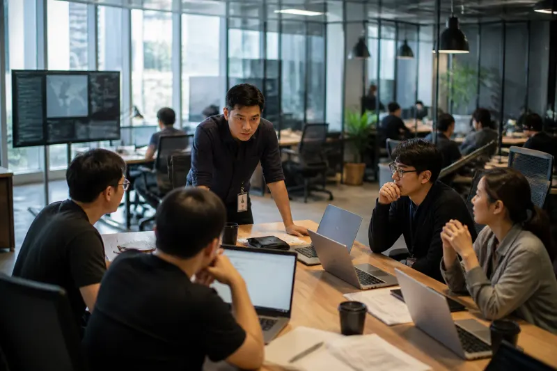 A group of security personnel exchanging information in a modern office workspace.