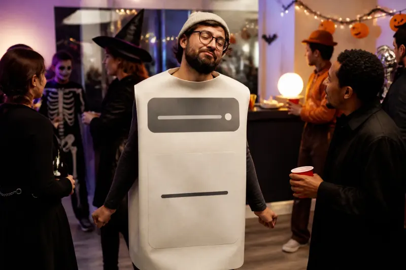 A person in a costume holding a cardboard sign with notifications.