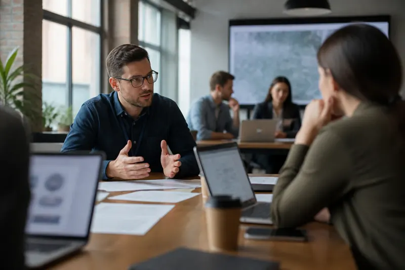 Cybersecurity professionals discussing recent threats in an office setting
