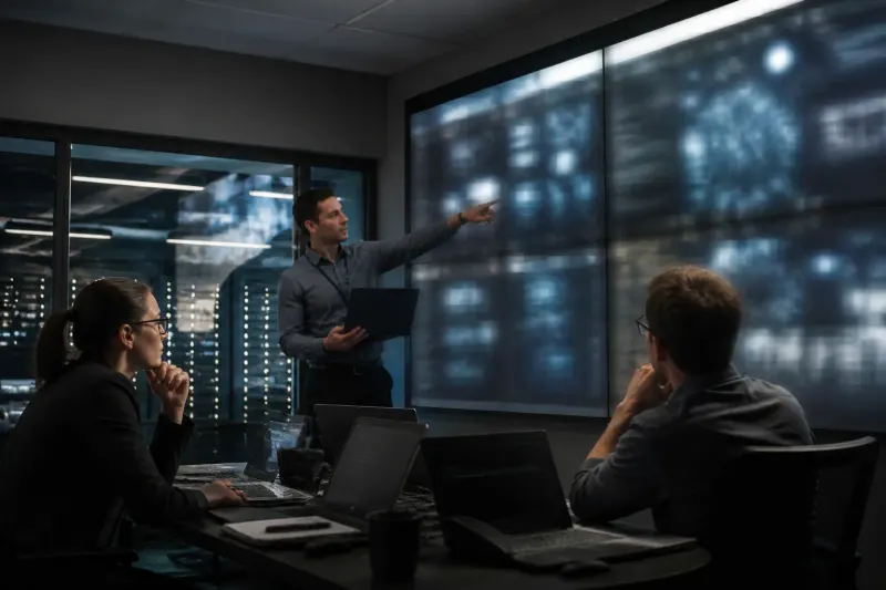 Cybersecurity experts investigating AI-driven attacks in a secure room