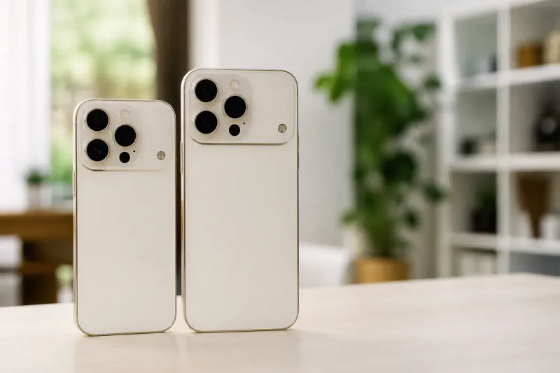 A close-up view of the iPhone 18 Pro and iPhone 18 Pro Max side by side, highlighting their design differences.
