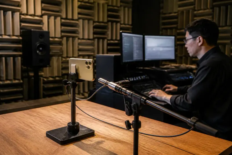The iPhone 18 Pro Max being tested for sound quality with audio equipment nearby.